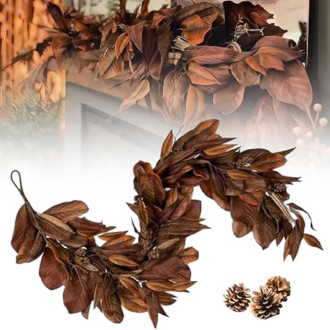 Brown Magnolia Leaf Garland, 6 FT Magnolia Leaf Garland Realistic Artificial Fall Magnolia Leaves... | Amazon (US)