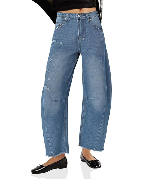 Cicy Bell Womens Barrel Jeans 2024 Fall Baggy Boyfriend Ripped Cropped Raw Hem Denim Pants | Amazon (US)