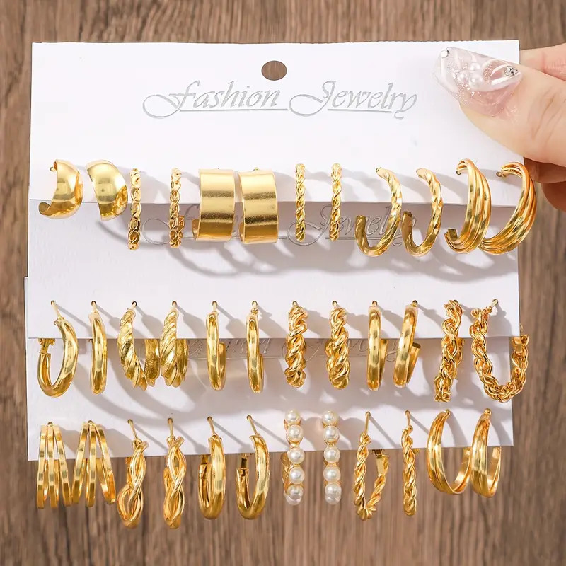 18 Pairs Set Of Golden Hoop Earrings With Smooth Twisted C Shaped Zinc Alloy Jewelry Female Earri... | Temu Affiliate Program