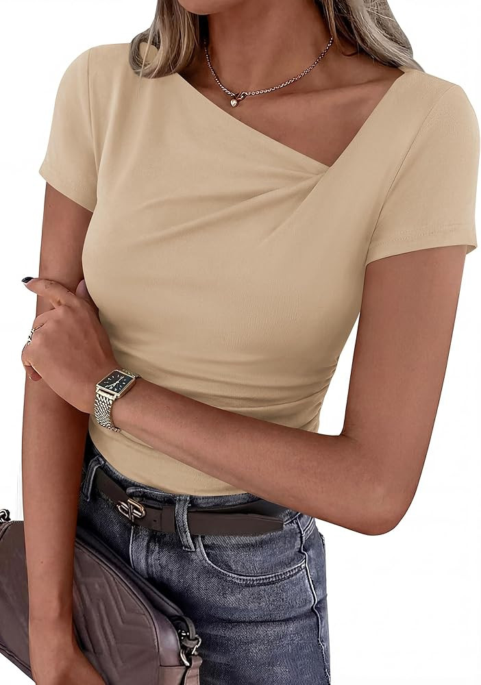 PRETTYGARDEN Women's 2026 Summer Asymmetrical Y2K Tops Trendy Ribbed Short Sleeve Fitted Tee Shir... | Amazon (US)