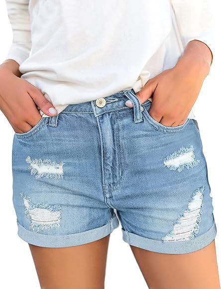 luvamia Women's Ripped Denim Jean Shorts High Waisted Stretchy Folded Hem Short Jeans | Amazon (US)