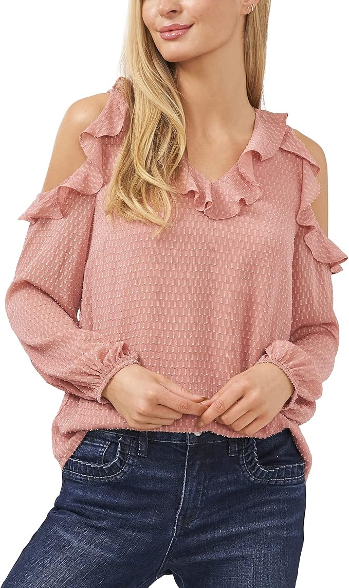 CeCe Long Sleeve V-Neck Ruffled Cold-Shoulder Blouse | Amazon (US)