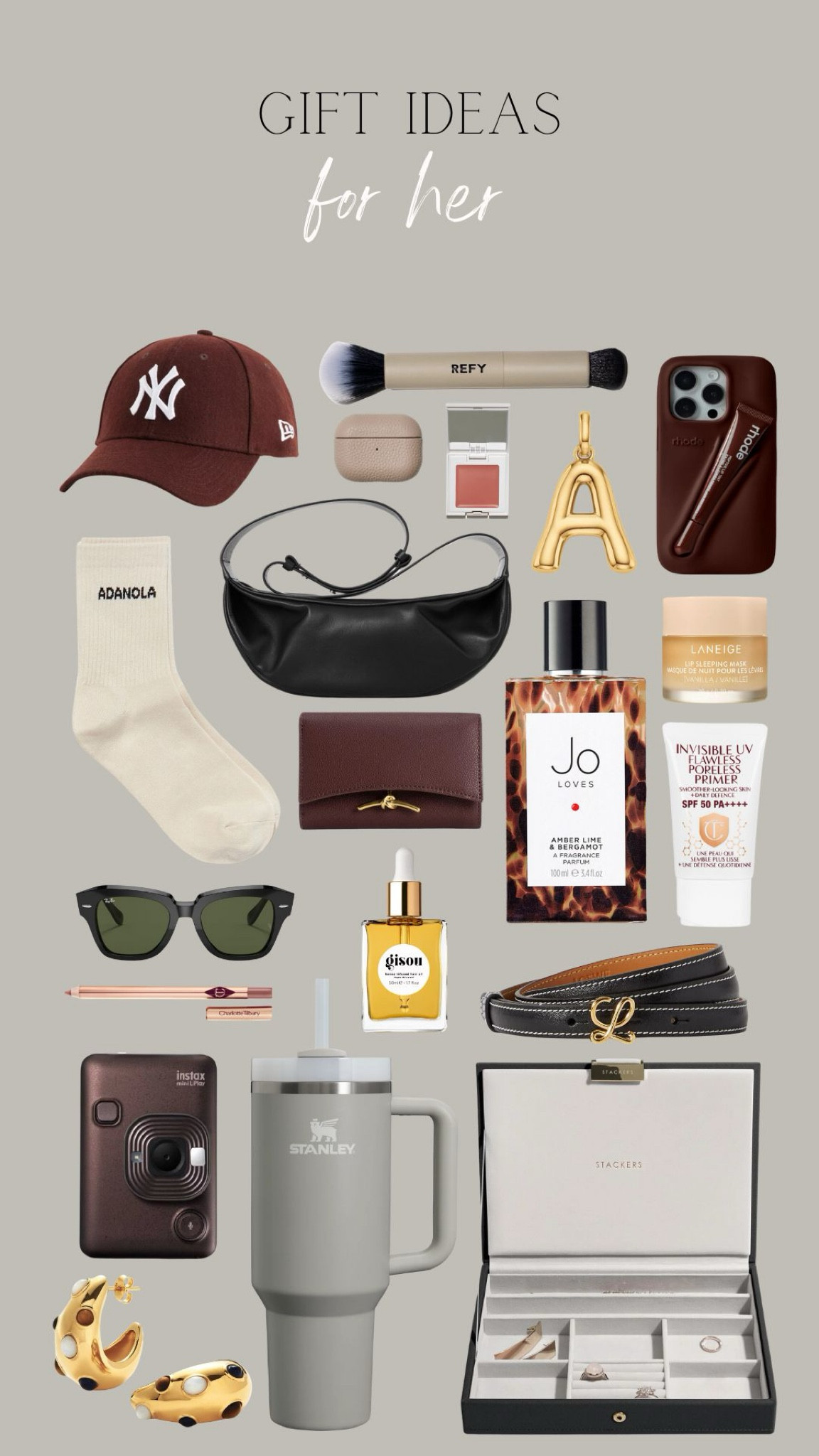 Gift ideas for her ✨

Present ideas Christmas 2024! 

Stanley cup, rayban sunglasses, rhode phone case, Charlotte Tillbury makeup, leather cos bag, instax camera, Missoma earrings, leather purse, refy blush, hair oil 

#LTKuk #LTKgiftguide