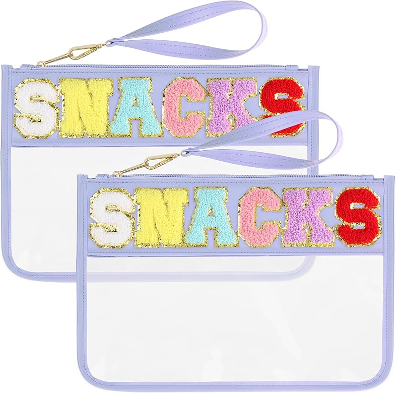 2 PCS Snack Bags Clear Pouch Travel Makeup Bag Chenille Letter Bags for Zipper Pouch Clear Cosmet... | Amazon (US)