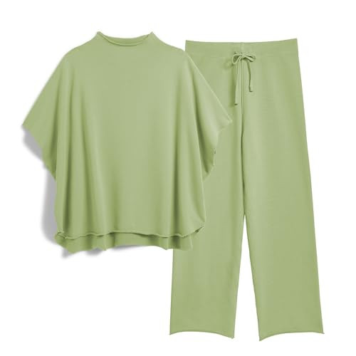 SeeLuNa Women's Two Piece Outfits 3/4 Batwing Sleeve Capelet Crew Neck Pullover Top Wide Leg Pants Lounge Set(Light-Green,S) | Amazon (US)