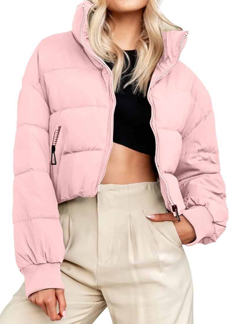 MEROKEETY Women's Winter Cropped Puffer Jacket Long Sleeve Oversized Stand Collar Zip-Up Short Do... | Amazon (US)