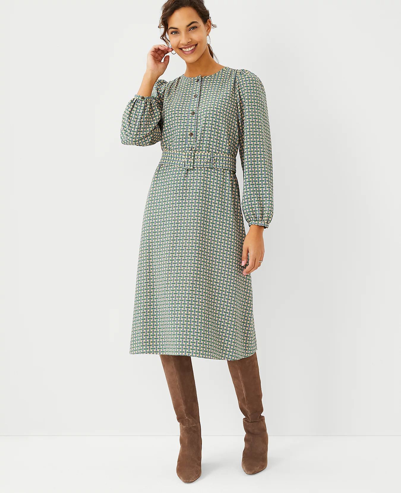 Chain Print Belted Midi Dress | Ann Taylor (US)