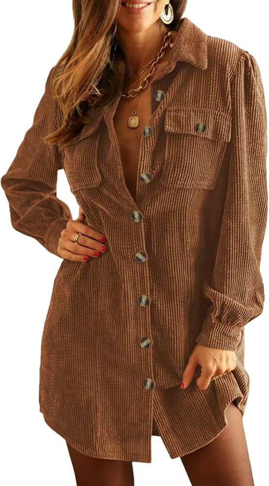 Alaster Queen Women's Corduroy Long Sleeve Short Dresses Fall Winter Button Down Work Tunic Dress... | Amazon (US)