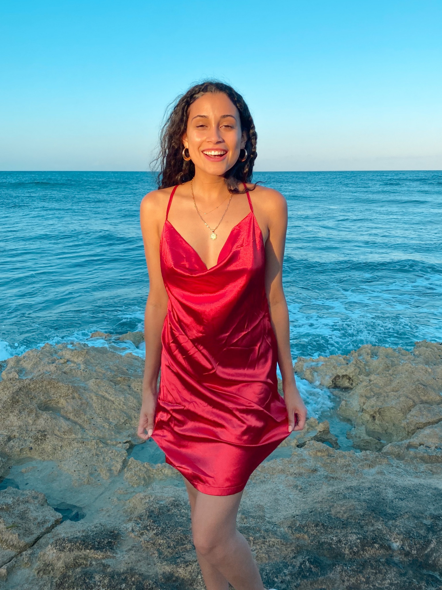 Red dress silk red dress Mexico vacation gold necklace summer outfit summer dress date night outfit thin strap dress 