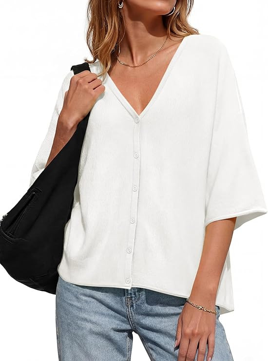 Saodimallsu Womens Oversized Cardigans Summer Batwing Half Sleeve Lightweight Knit Button V Neck ... | Amazon (US)