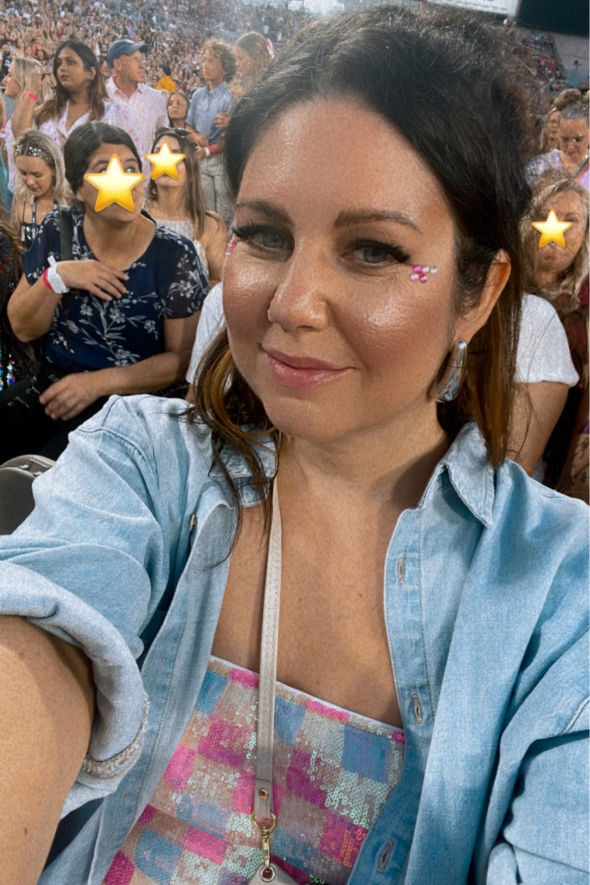 Taylor swift concert outfit, eras tour outfit, face and hair jewels rhinestones, pink check sequin mini dress, tube dress, silver drop earrings

#LTKSeasonal #LTKstyletip #LTKFestival