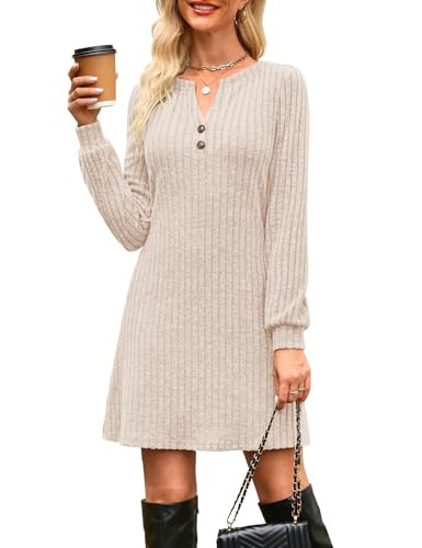 Annebouti Spring Winter Sweater Dresses for Women 2025 Long Sleeve Knit Cute Casual Christmas Holiday Party Wedding Guest Office Work Outfits Short Mini Dress with Pockets Beige M | Amazon (US)