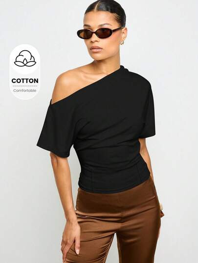 AiiRZ Off Shoulder Asymmetric Top Modern Fitted Waist Short Sleeve Shirt Contemporary Fashion Fal... | SHEIN