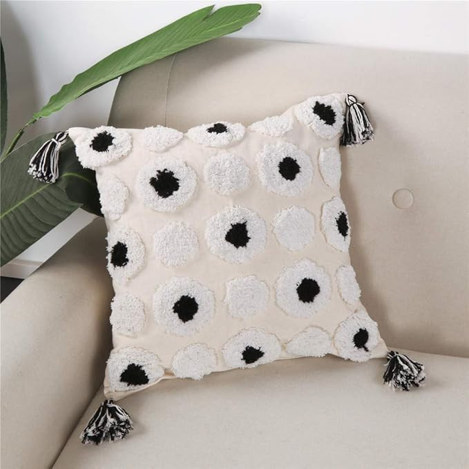 Sungea Pom-poms Throw Pillow Covers, Boho Black and White Tufted Decorative Pillowcases 18x18 Inc... | Amazon (US)