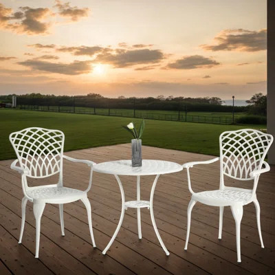 3 Piece Outdoor Patio Bistro - Cast Aluminum Table & Chairs, White, Rust Resistance, , For Balcony White Proof, Weather , Use | Wayfair North America