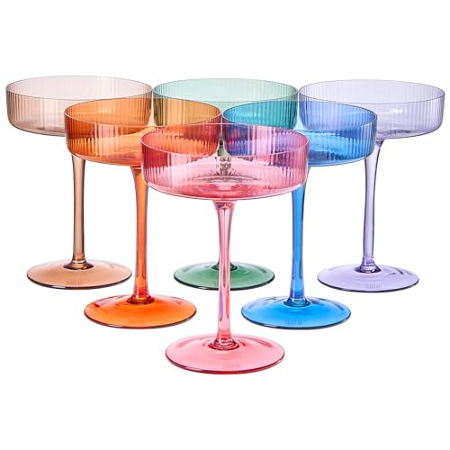 Khen Ribbed Vintage Art Deco Coupe Glasses - Martini, Champagne & Cocktail Ribbed Glasses 8oz | Cute Crystal Glassware Sets - Goblet Stemmed Ripple Glassware, Housewarming Glass, Fall/Holiday 6 Pieces | Amazon (US)