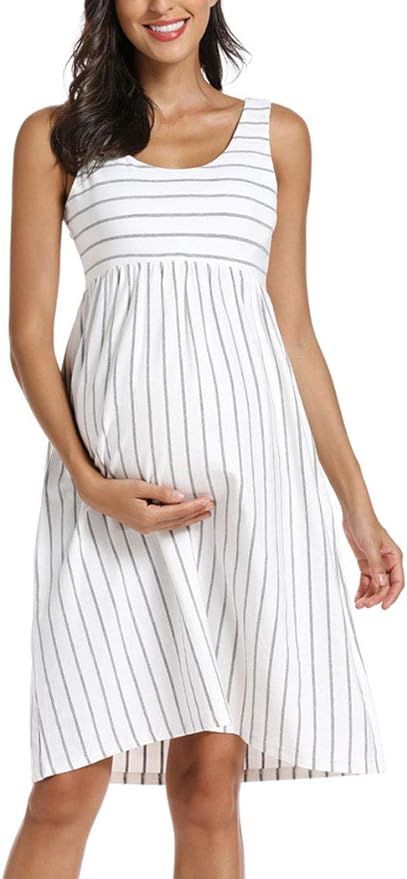 Ecavus Womens Maternity Tank Dress Stripe Color Block Sleeveless Knee Length for Baby Shower | Amazon (US)