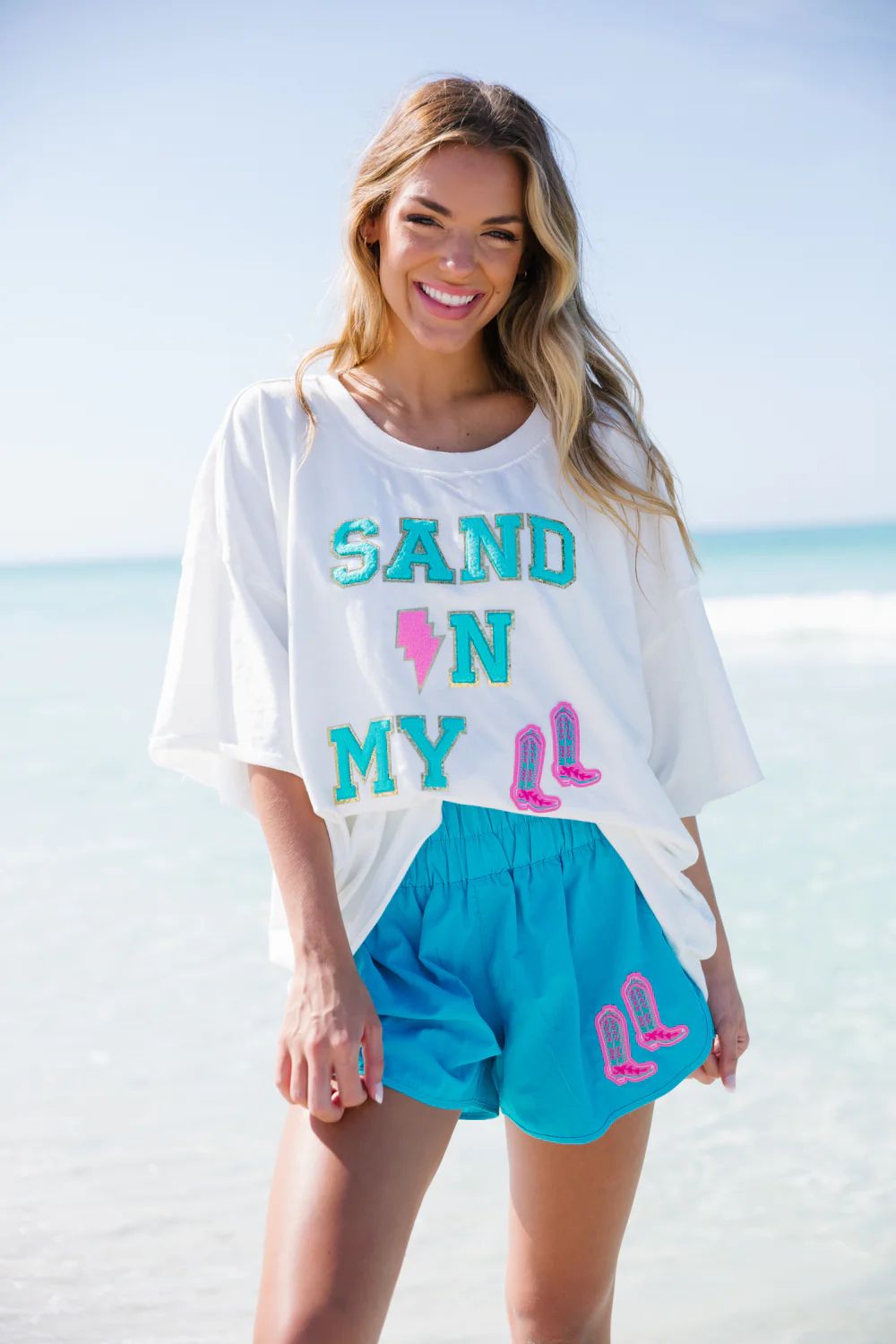 SAND IN MY BOOTS TURQUOISE LETTER TEE | Judith March