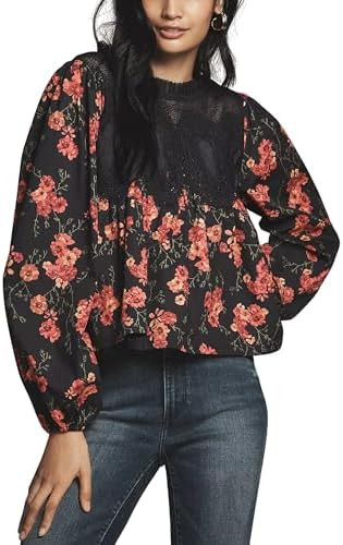PUWEI Womens Floral Print Lace Blouses Long Sleeve Crew Neck Lace Mesh Poplin Swing Babyboll Tops... | Amazon (US)
