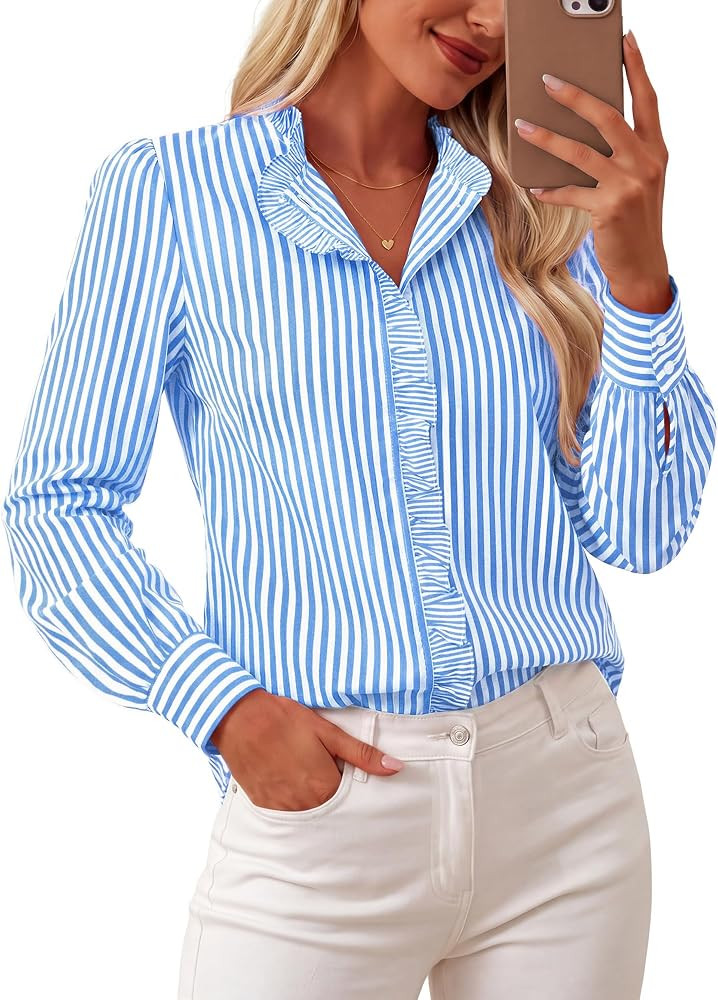 GRACE KARIN Women Striped Button Down Shirts Dressy Casual, Cotton Ruffled Long Sleeve Tops 2026 ... | Amazon (US)