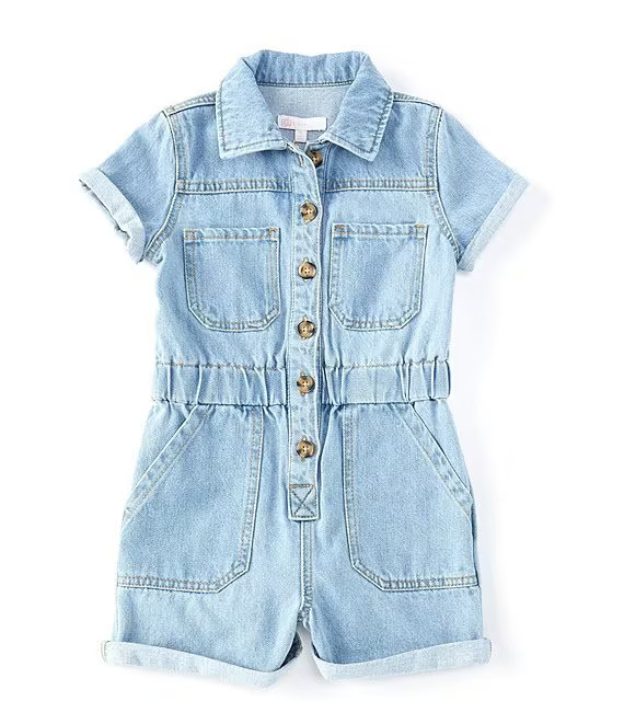 Girls Little Girls 2T-6X Short Sleeve Button Front Denim Utility Romper | Dillard's