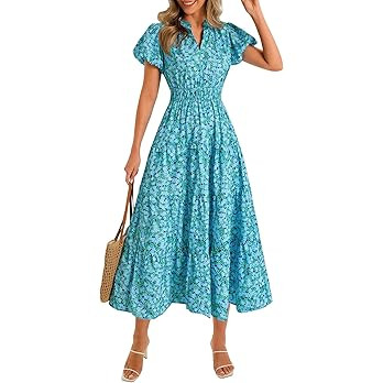 Wenrine Womens Summer Floral Maxi Dress Casual V Neck Puff Short Sleeve Smocked Loose Boho Beach ... | Amazon (US)