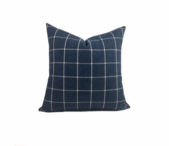 Denim Blue and White Plaid Farmhouse Decorative Throw Pillow | Etsy | Etsy (US)