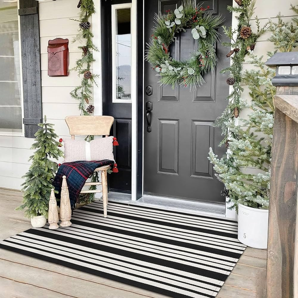 KOZYFLY Black and White Striped Outdoor Rug 3x5 Ft Area Rug Washable Front Porch Rug Front Door M... | Amazon (US)