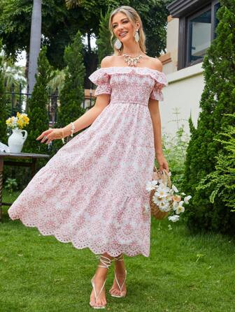 Simplee Off Shoulder Ruffle Hem Scallop Trim Dress | SHEIN