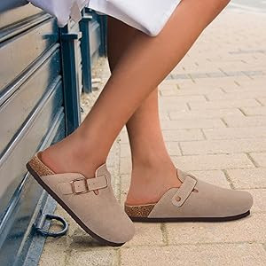 Women's Suede Clogs Soft Cork Footbed Leather Mules Comfort Potato Shoes with Arch Support | Amazon (US)