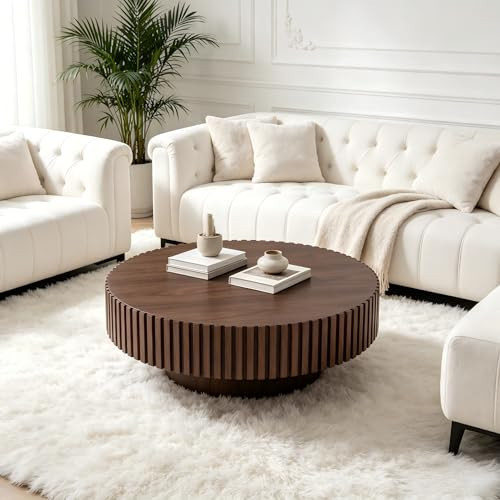 KEVINSPACE Round Coffee Table, 39" Big Wooden Fluted Coffee Table with Fluted Base, Circle Accent Center Table for Living Room Apartment Office Small Space, Easy Assembly, Walnut | Amazon (US)