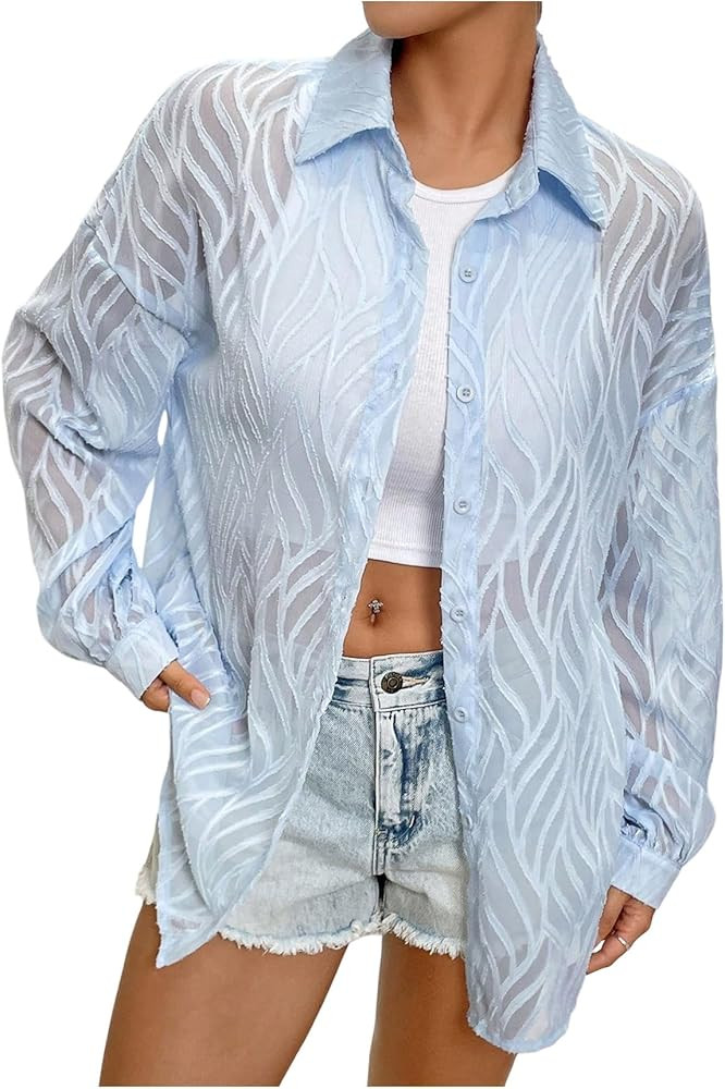 Floerns Women's Summer Blouse Jacquard Long Sleeve Sheer Casual Button Down Shirts | Amazon (US)