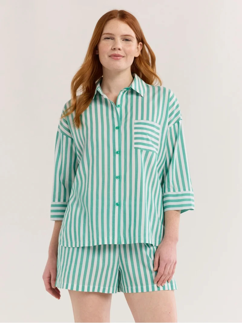 Joyspun Women’s Woven ¾ Sleeve Notch Collar Top and Boxer Shorts Pajama Set, Sizes XS-3X - Wal... | Walmart (US)