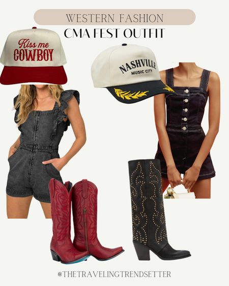 Western fashion CMA fest -denim romper - trucker hat - hat - boots - cowgirl boots - country concert outfit - Nashville outfit - summer outfit - travel - girls night out / date night 

#LTKFindsUnder100 #LTKFindsUnder50 #LTKStyleTip