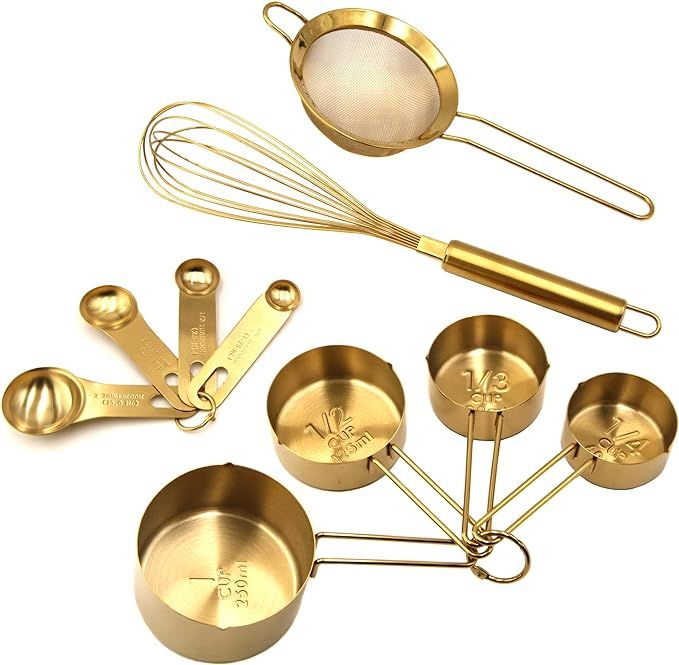 Homestia 10 Piece Gold Cooking and Baking Utensil Set Stainless Steel: 4 Pcs Measuring Cups, 4 Pc... | Amazon (US)