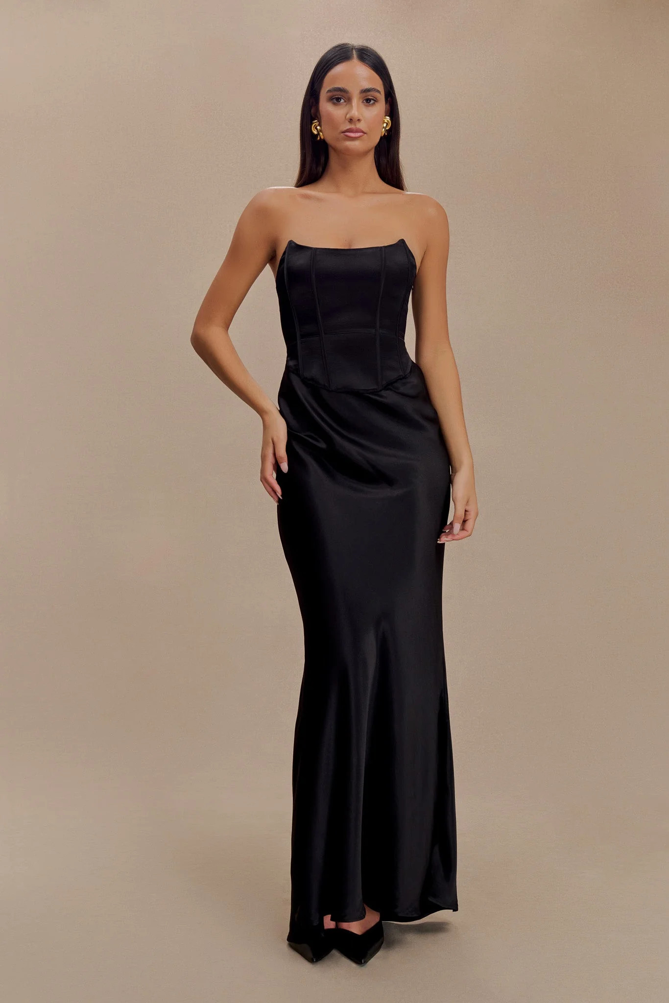 Harlow Satin Strapless Maxi Dress - Black | MESHKI US