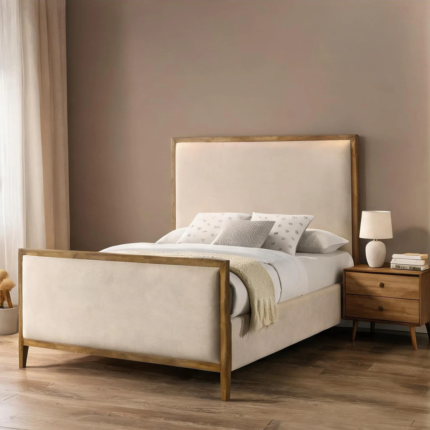 SunJet Upholstered Panel King Bed with Natural Oak Wood Trim Fabric Rubberwood Frame one_size | 62Y52170UNX6 | Lowe's