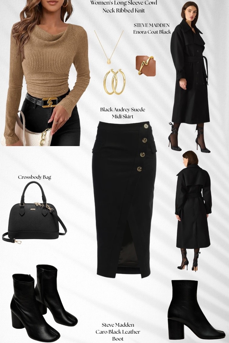 The “polished & expensive” uniform 🖤
Camel cowl-neck knit + JLuxlabel black suede midi skirt + black trench/coat + belt + black booties + crossbody bag. 
(Shop JLuxlabel skirt directly on their cite. DM for link). 

#LTKSaleAlert #LTKgrwm #LTKootd