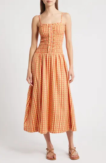 Damson Madder Grace Smocked Organic Cotton Midi Sundress in Orange at Nordstrom Rack, Size 12 Us / 16 Uk | Nordstrom Rack