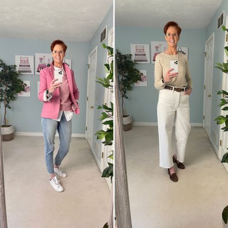 Two popular Pinterest inspired looks that got a lot of attention lately.

Pink tweed blazer from Banana Republic, pink sweater from Nordstrom, white button down shirt from banana republic, jeans from gap, neutral Crew neck sweater, white jeans from Evereve, Sarah flint shoes

#LTKstyletip #LTKFind
