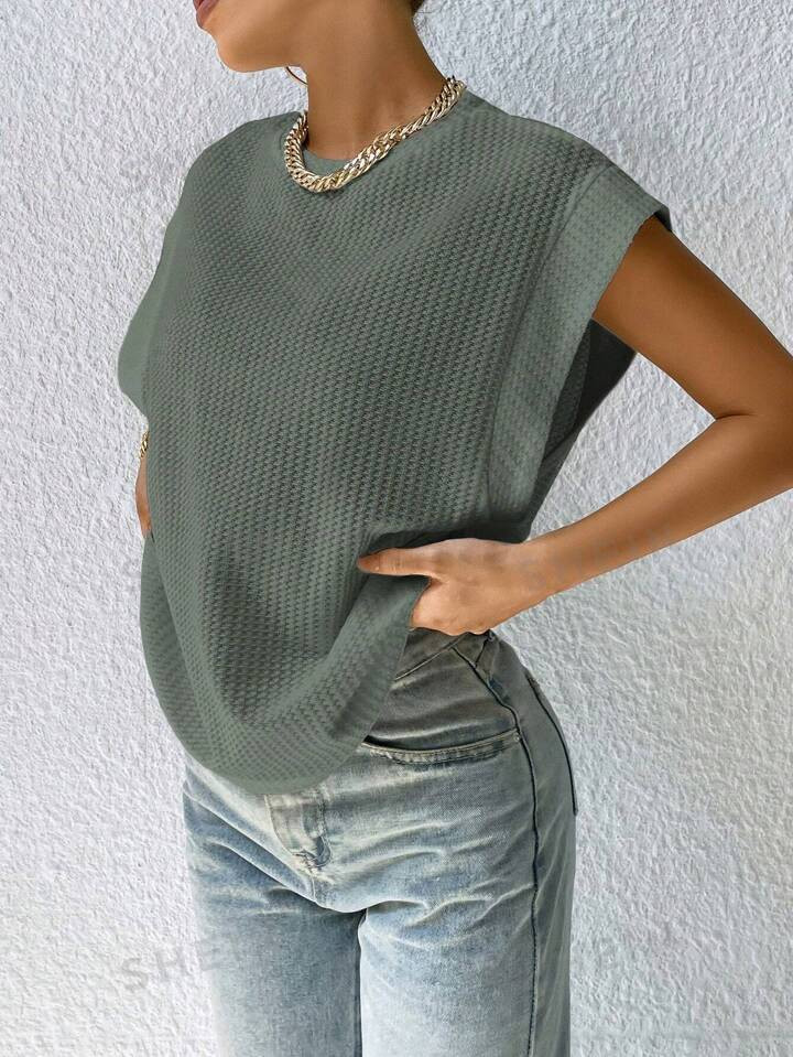 SHEIN Essnce Solid Color Cap Sleeve Knitted Round Neck T-Shirt | SHEIN
