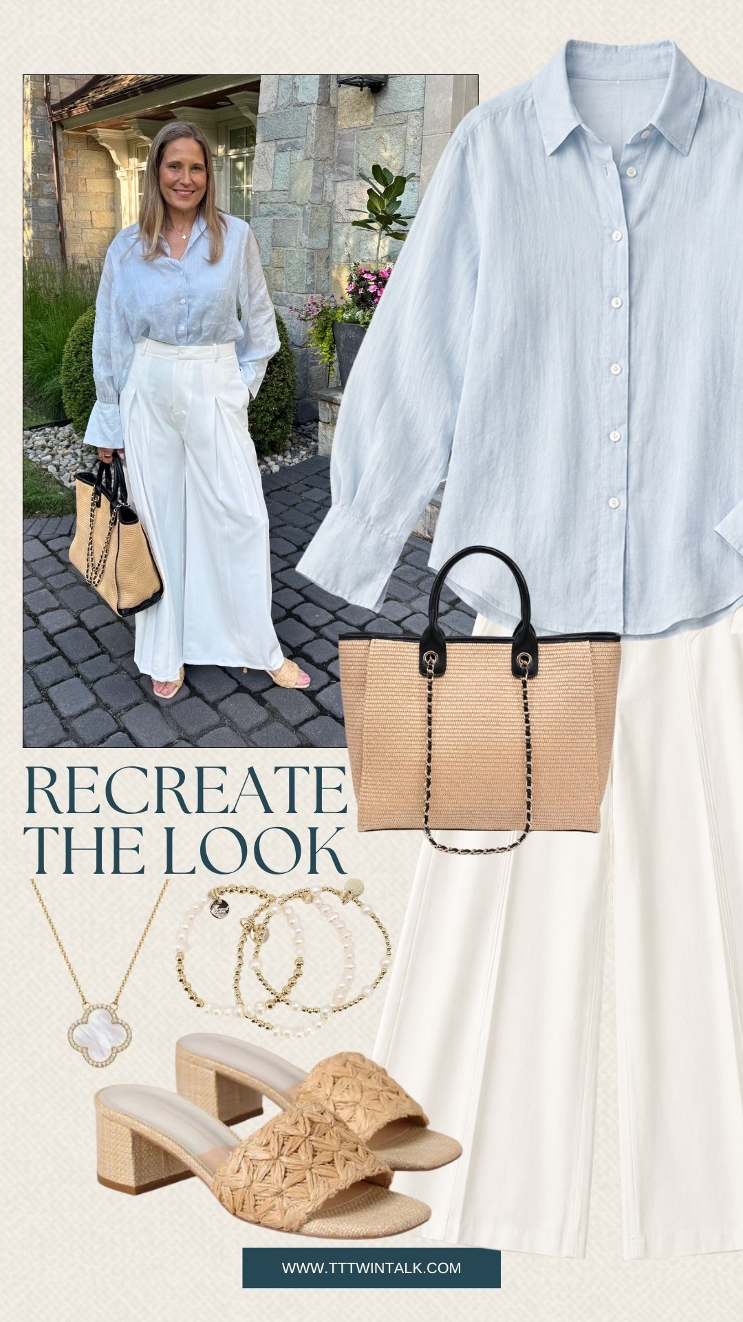 Recreate our looks with this soft blue and white combo. The button-down and wide-leg pants feel so fresh for summer, and we love the raffia bag and sandals to finish it off.

#LTKootd #LTKgrwm #LTKdayinmylife