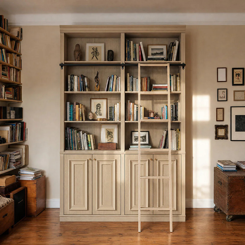Homsee  97.6 Inch Tall Library Bookcase with Rolling Ladder Floor to Ceiling Wooden Bookshelf Brazilian  63''W x 15.7''D x 97.6''H Brazilian Oak Oak Finish | Lowe's
