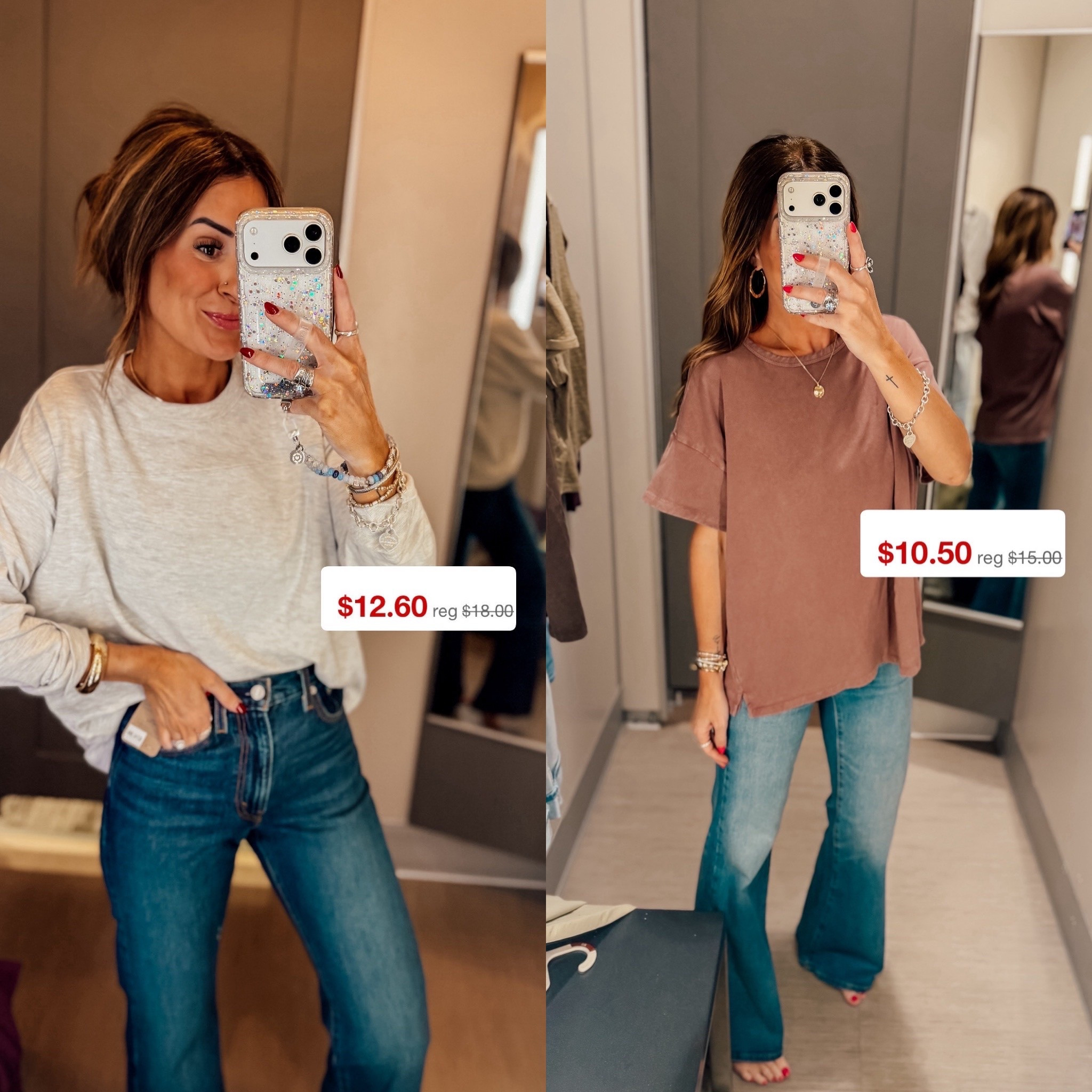 wearing a small in the gray and a medium in the mauve tee! I’m 5”6 for reference. I did a 24R in the jeans on the left and a 0 regular in the jeans on the right!

#LTKgrwm #LTKootd #LTKdayinmylife