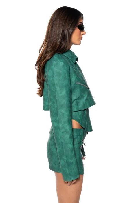 LUCKY ME FAUX LEATHER CROP MOTO JACKET in green | AKIRA