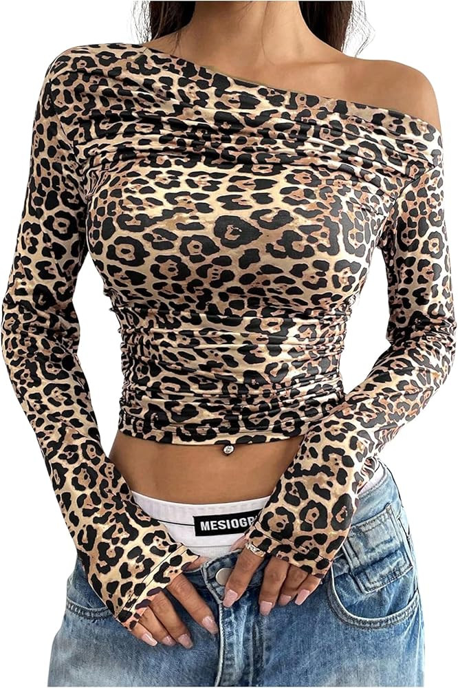 Floerns Women's Leopard Print Asymmetrical Neck Crop Tops Ruched Long Sleeve Tee Shirts | Amazon (US)