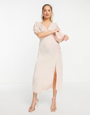 Miss Selfridge velvet satin twist front midi dress in blush | ASOS (Global)