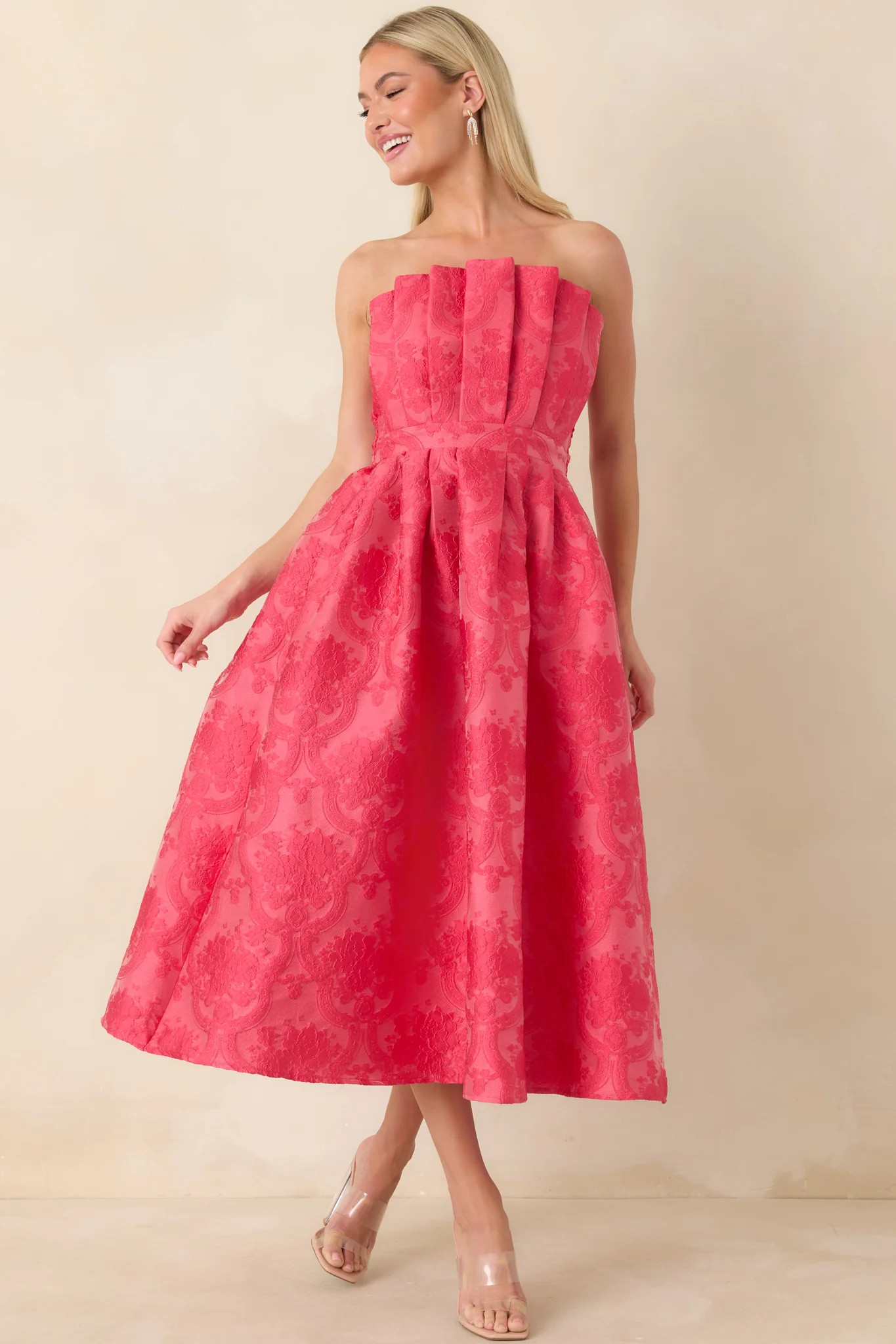 The Genevieve Hot Pink Jacquard Strapless Midi Dress | Red Dress