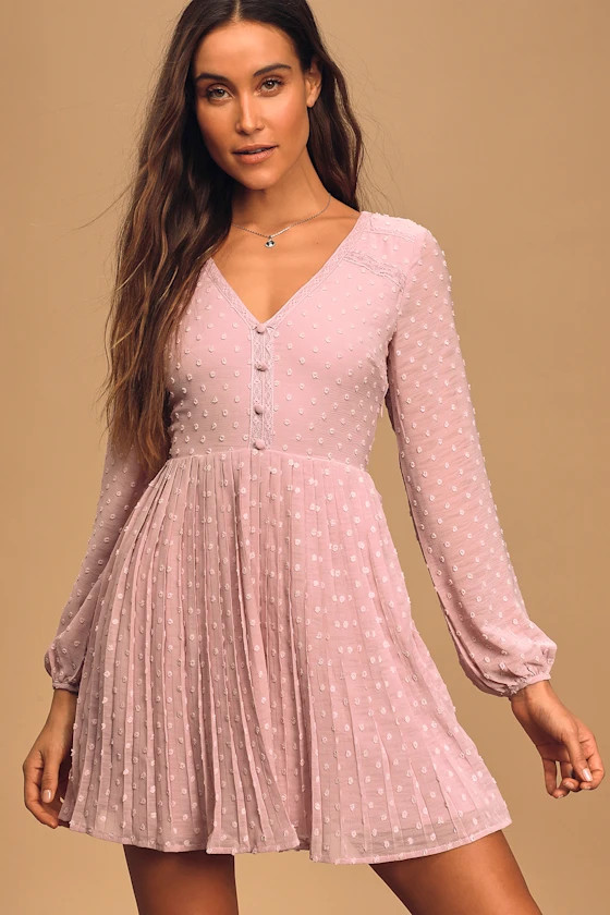 Poetic Love Mauve Swiss Dot Long Sleeve Pleated Mini Dress | Lulus (US)