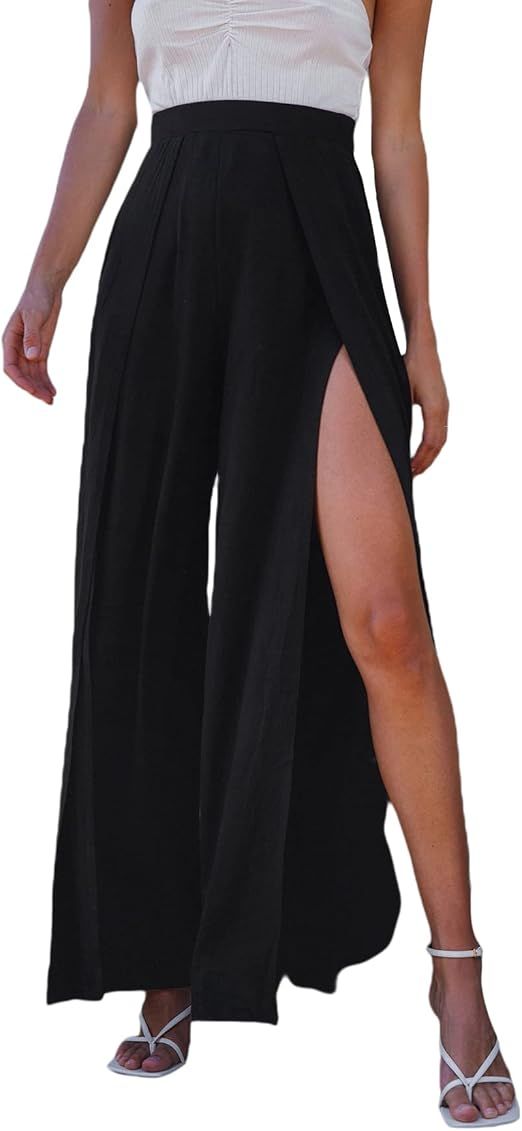 Verdusa Women's Split Thigh High Waist Loose Wide Leg Pants Palazzo | Amazon (US)
